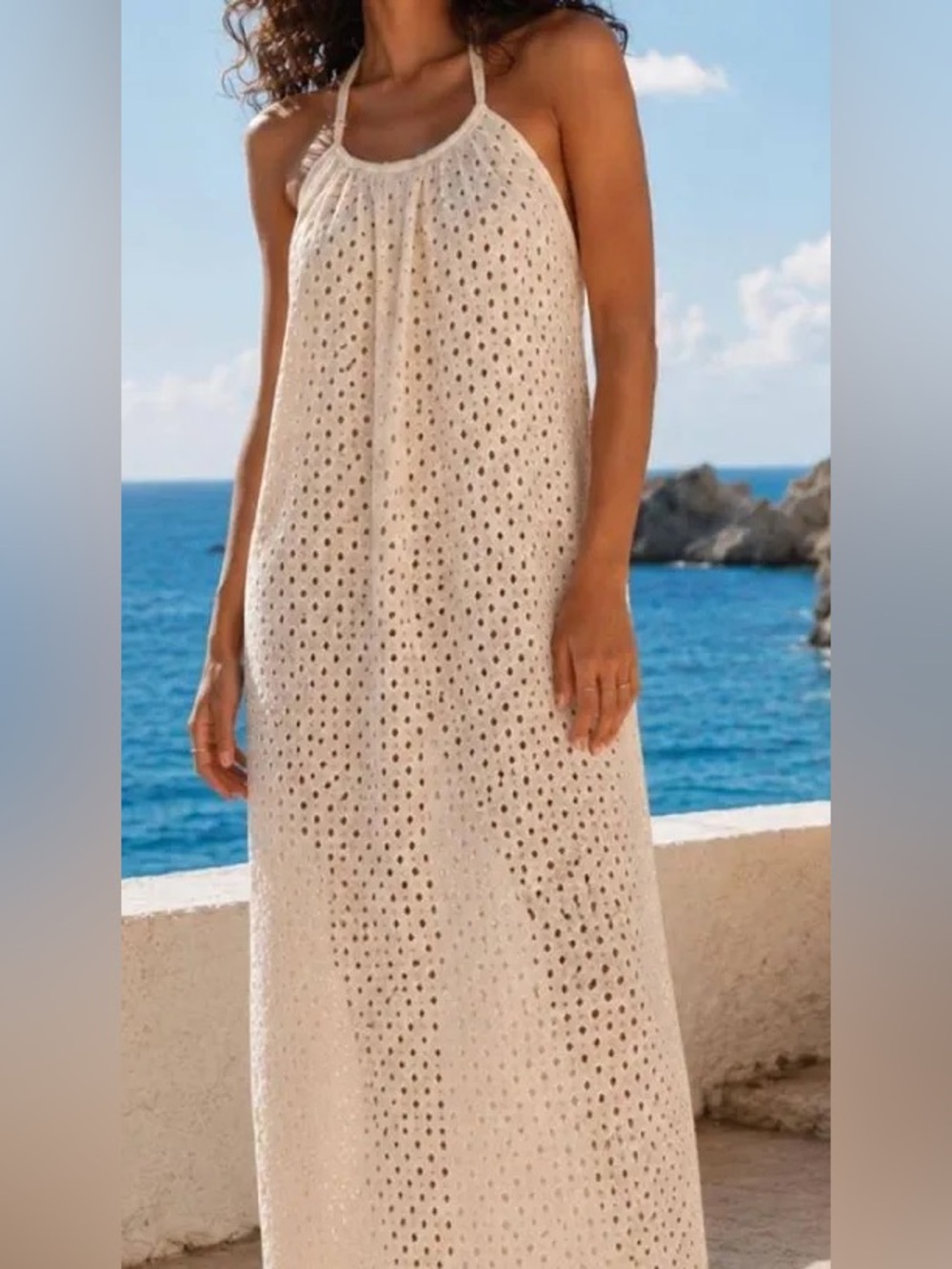 Vitamin A Cream Eyelet Halter Maxi Dress
